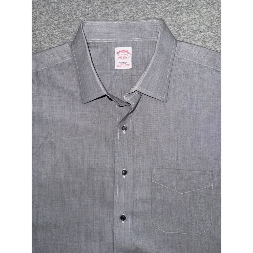Brooks Brother Men Gray Regular Fit Supima Cotton Long Sleeve Shirt Size 17.5 34